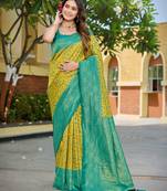 Banarasi satin silk saree floral zari woven saree with mustard color and turquoise blue border tassels