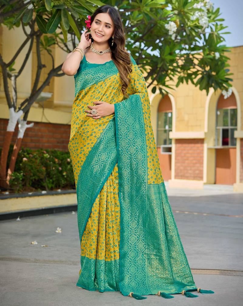 Banarasi satin silk saree floral zari woven saree with mustard color and turquoise blue border tassels
