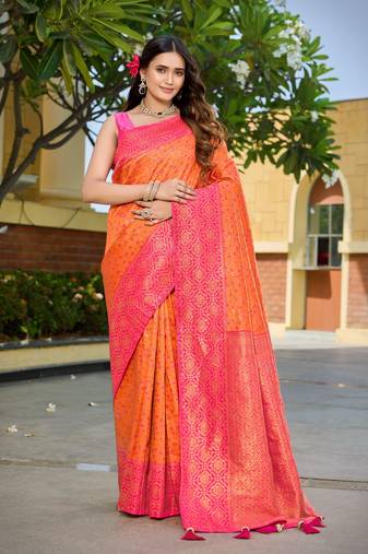 Banarasi satin silk blend saree floral zari woven saree with orange color and pink border & tassels