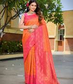 Banarasi satin silk blend saree floral zari woven saree with orange color and pink border & tassels