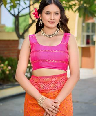 Banarasi satin silk blend saree floral zari woven saree with orange color and pink border & tassels 4