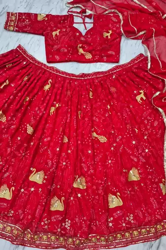 Red Designer Lehenga - Heavy Embroidery for Festive Wear For Women's