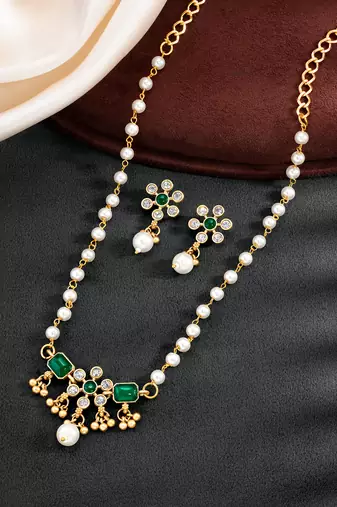 Green necklace drop earrings set ethnic fashion jewellery for women