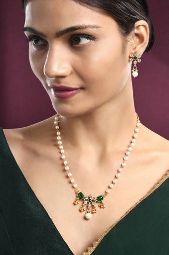 Green necklace drop earrings set ethnic fashion jewellery for women
