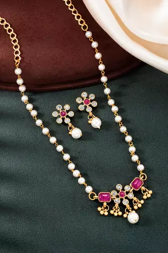Rani pink necklace drop earrings set ethnic fashion jewellery for women