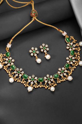 Green necklace drop earrings set ethnic fashion jewellery for women