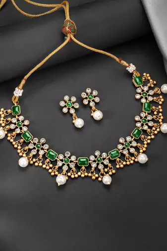 Green necklace drop earrings set ethnic fashion jewellery for women