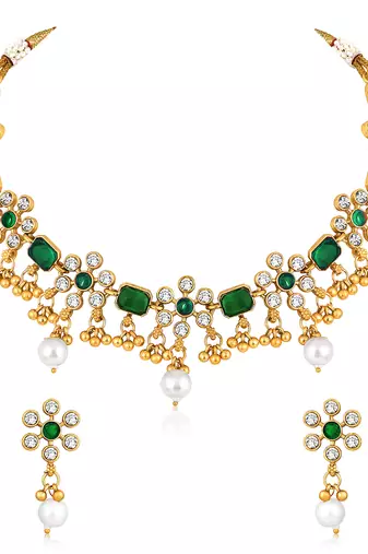 Green necklace drop earrings set ethnic fashion jewellery for women