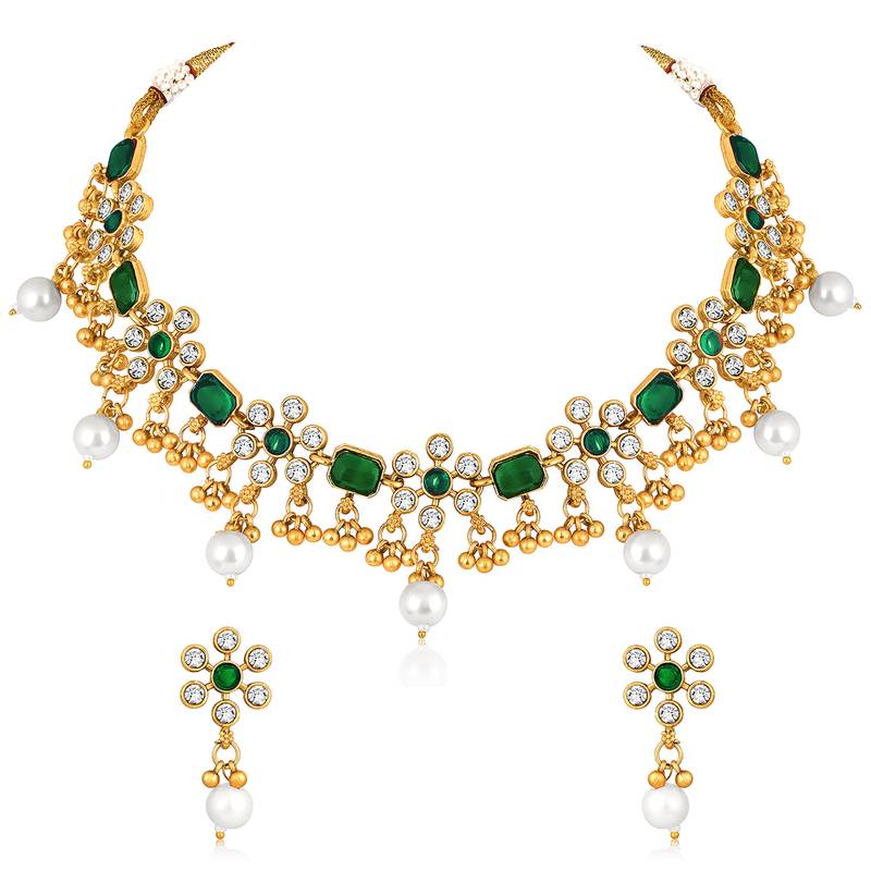 Green necklace drop earrings set ethnic fashion jewellery for women