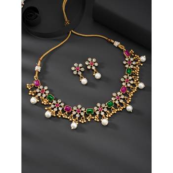 Red green necklace drop earrings set ethnic fashion jewellery for women 1