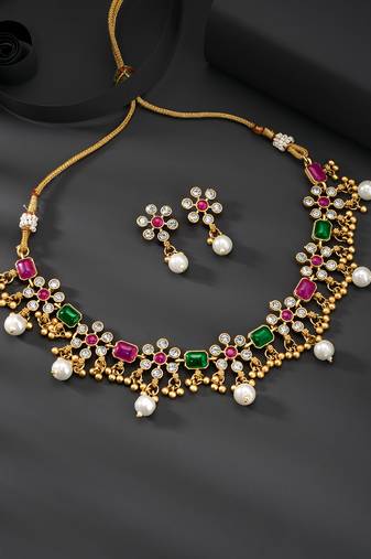 Red green necklace drop earrings set ethnic fashion jewellery for women