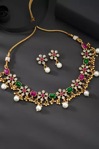 Red green necklace drop earrings set ethnic fashion jewellery for women