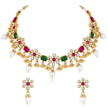 Red green necklace drop earrings set ethnic fashion jewellery for women 2