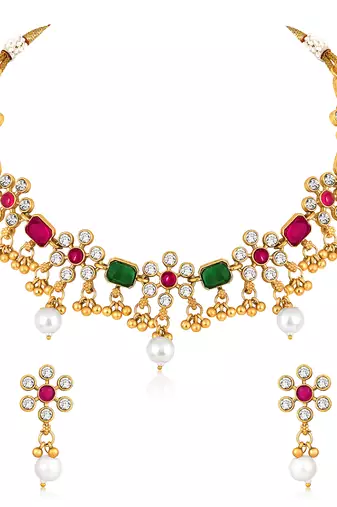 Red green necklace drop earrings set ethnic fashion jewellery for women