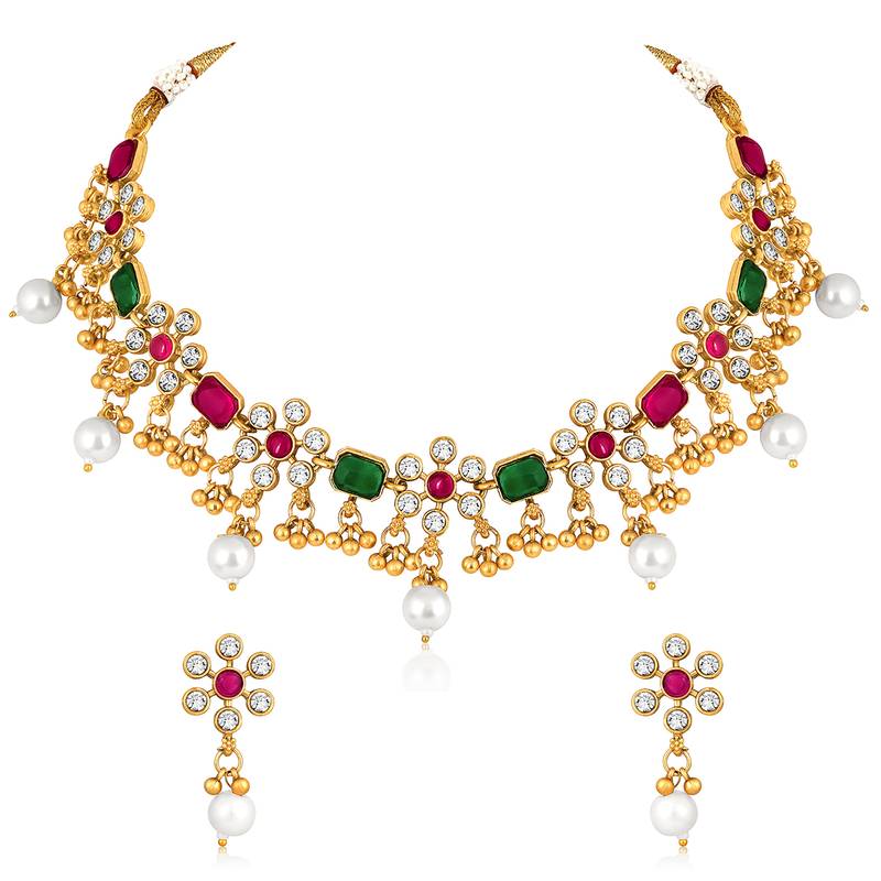 Red green necklace drop earrings set ethnic fashion jewellery for women