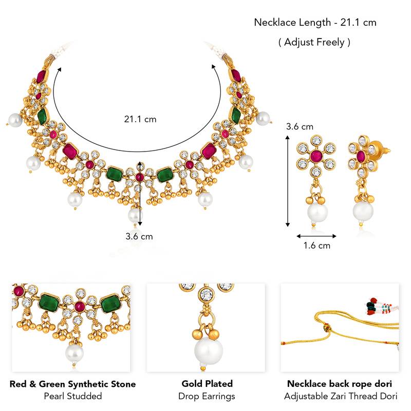 Red green necklace drop earrings set ethnic fashion jewellery for women