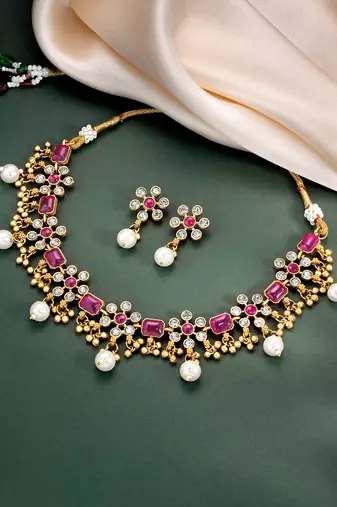 Rani pink necklace drop earrings set ethnic fashion jewellery for women