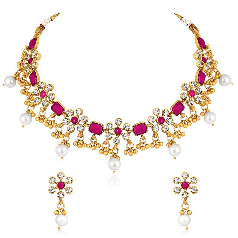 Rani pink necklace drop earrings set ethnic fashion jewellery for women