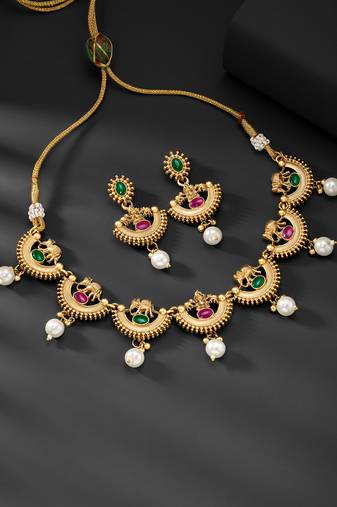Red green necklace dangle earrings set ethnic fashion jewellery for women