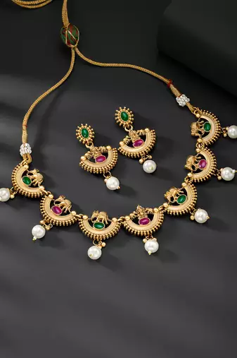 Red green necklace dangle earrings set ethnic fashion jewellery for women