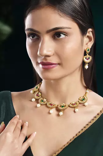 Red green necklace dangle earrings set ethnic fashion jewellery for women