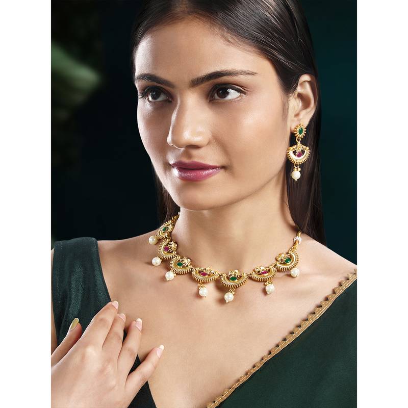 Red green necklace dangle earrings set ethnic fashion jewellery for women
