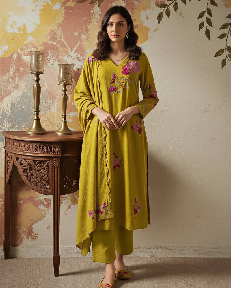 Women's Gorgeous Thread Work Chanderi Sik Fabric Straight Kurta Pant and Dupatta Set