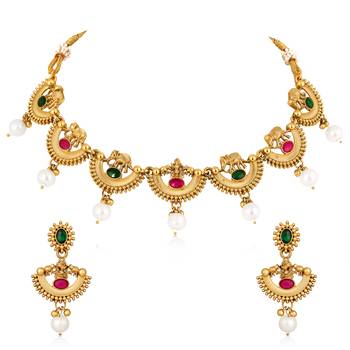 Red green necklace dangle earrings set ethnic fashion jewellery for women 3