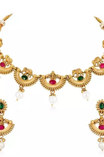 Red green necklace dangle earrings set ethnic fashion jewellery for women