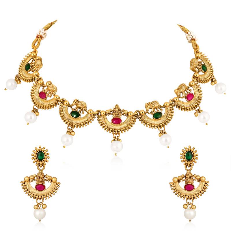 Red green necklace dangle earrings set ethnic fashion jewellery for women