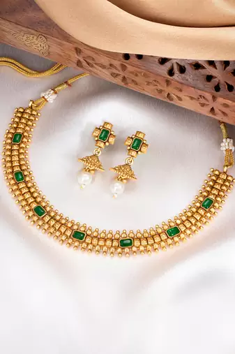 Green necklace drop earrings set ethnic fashion jewellery for women