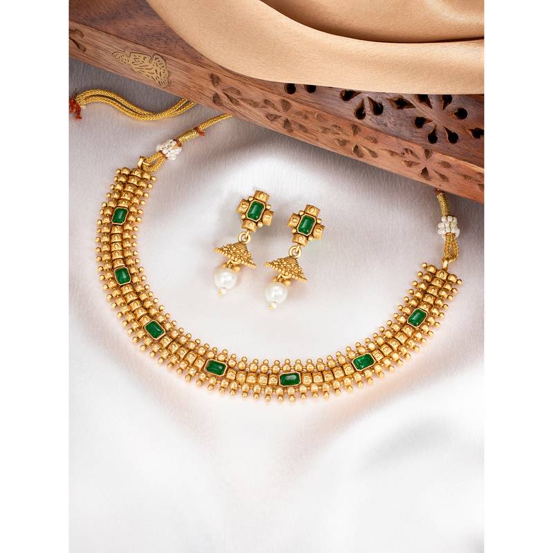 Green necklace drop earrings set ethnic fashion jewellery for women