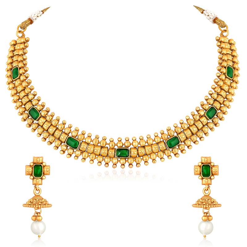 Green necklace drop earrings set ethnic fashion jewellery for women
