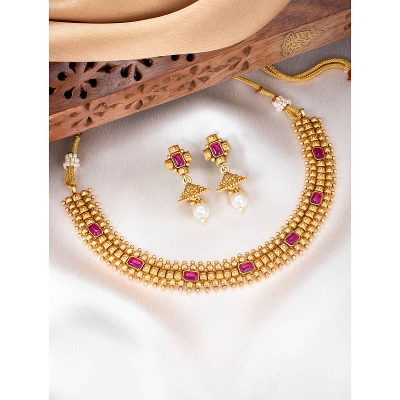 Rani pink necklace drop earrings set ethnic fashion jewellery for women