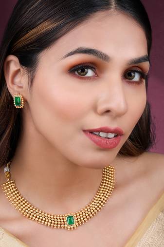 Green necklace stud earrings set ethnic fashion jewellery for women