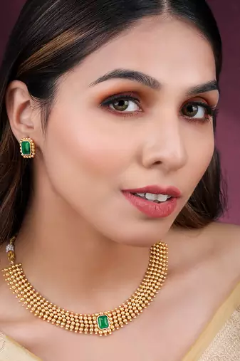 Green necklace stud earrings set ethnic fashion jewellery for women