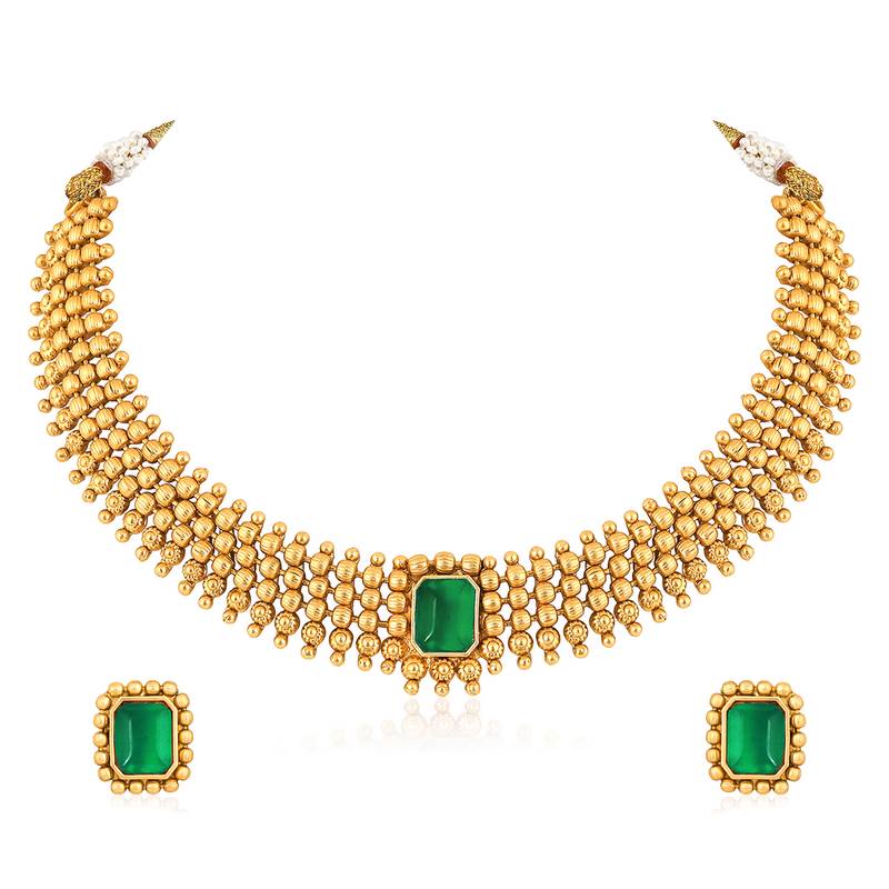 Green necklace stud earrings set ethnic fashion jewellery for women