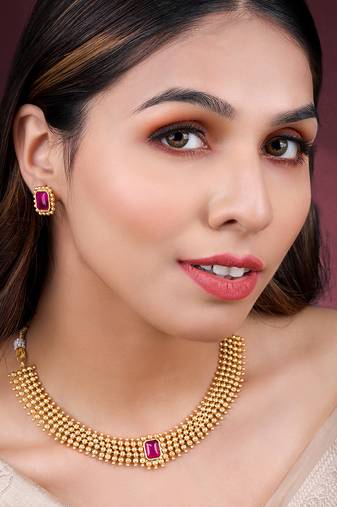 Rani pink necklace stud earrings set ethnic fashion jewellery for women