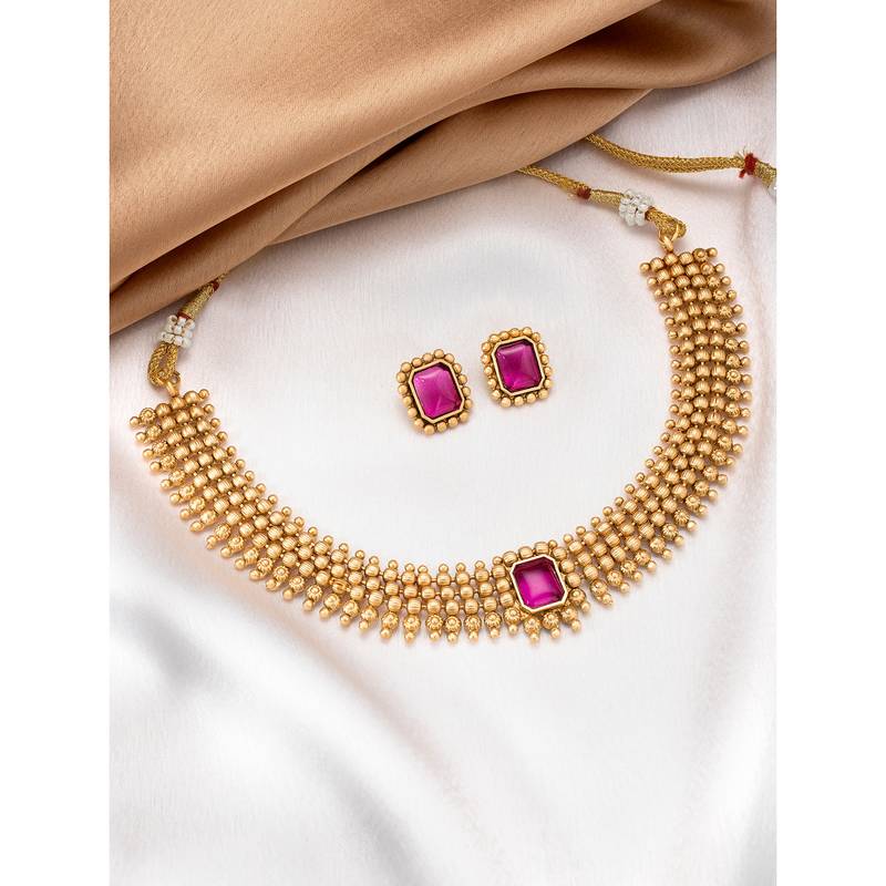 Rani pink necklace stud earrings set ethnic fashion jewellery for women