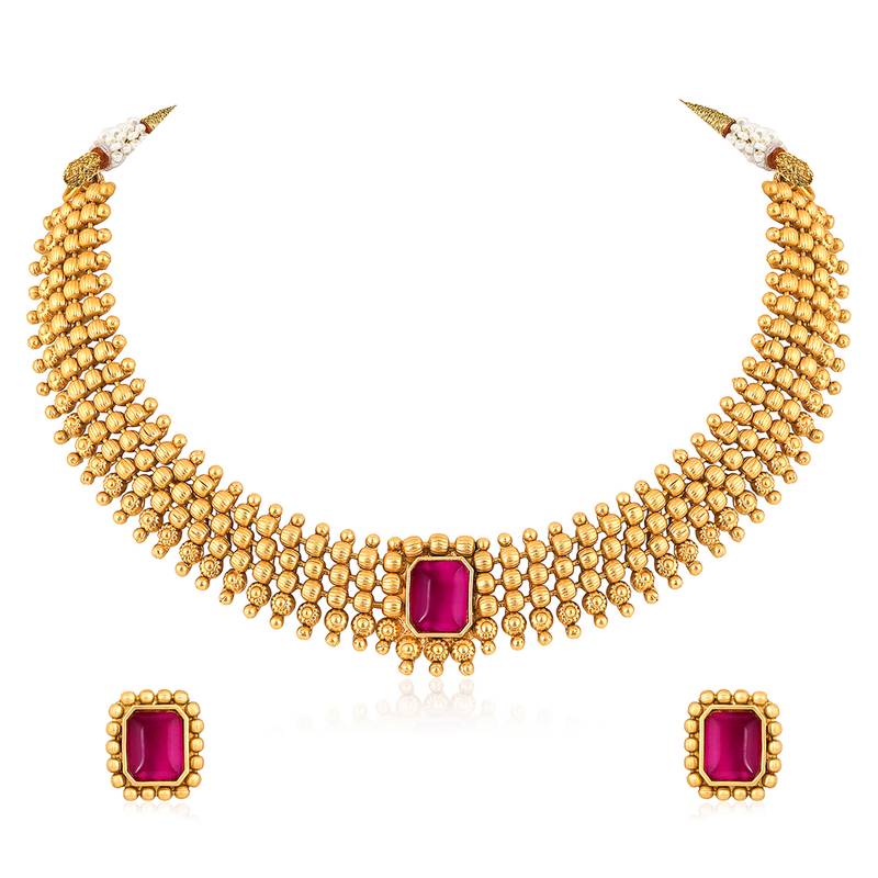 Rani pink necklace stud earrings set ethnic fashion jewellery for women