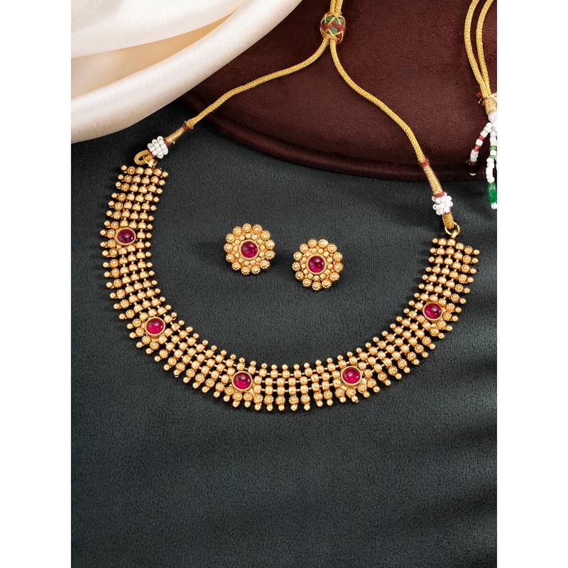 Rani pink necklace stud earrings set ethnic fashion jewellery for women