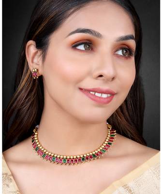Pink green necklace stud earrings set ethnic fashion jewellery for women 1