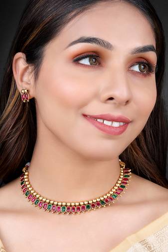Pink green necklace stud earrings set ethnic fashion jewellery for women