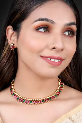 Pink green necklace stud earrings set ethnic fashion jewellery for women