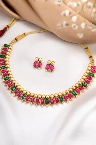 Pink green necklace stud earrings set ethnic fashion jewellery for women