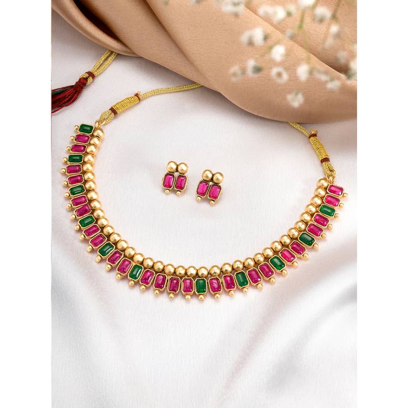 Pink green necklace stud earrings set ethnic fashion jewellery for women