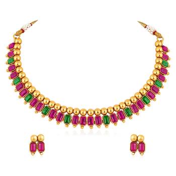 Pink green necklace stud earrings set ethnic fashion jewellery for women 3