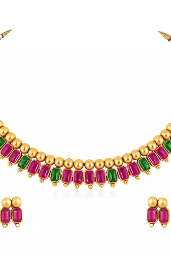 Pink green necklace stud earrings set ethnic fashion jewellery for women