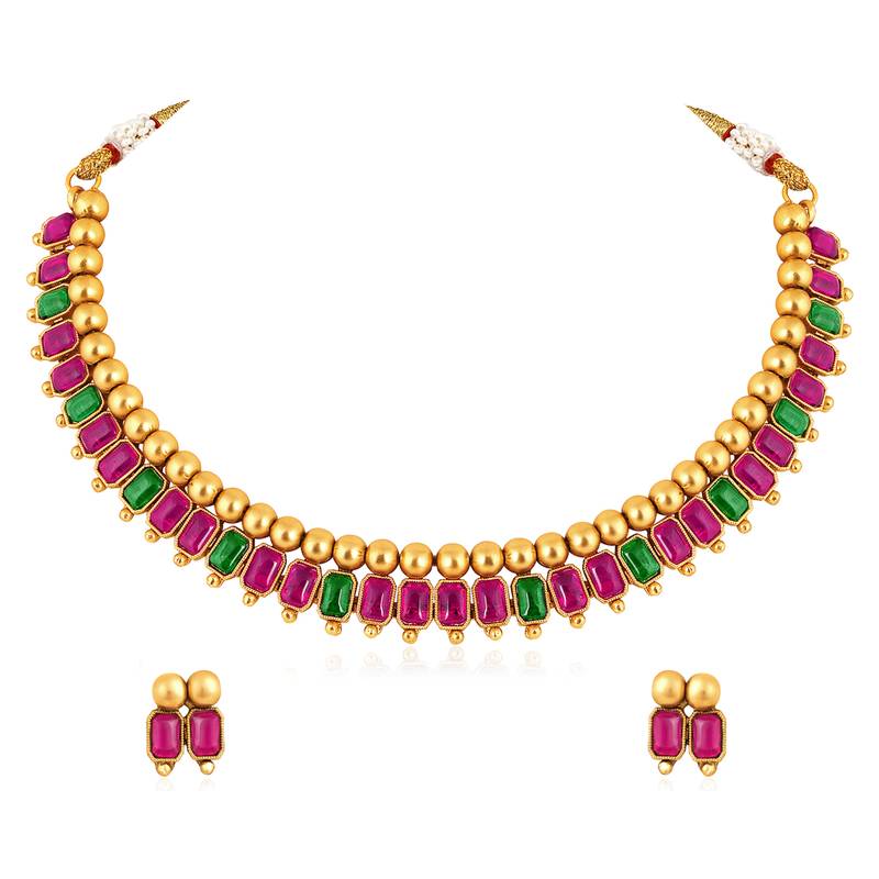 Pink green necklace stud earrings set ethnic fashion jewellery for women