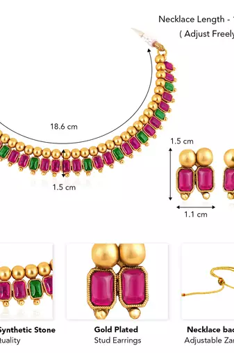 Pink green necklace stud earrings set ethnic fashion jewellery for women